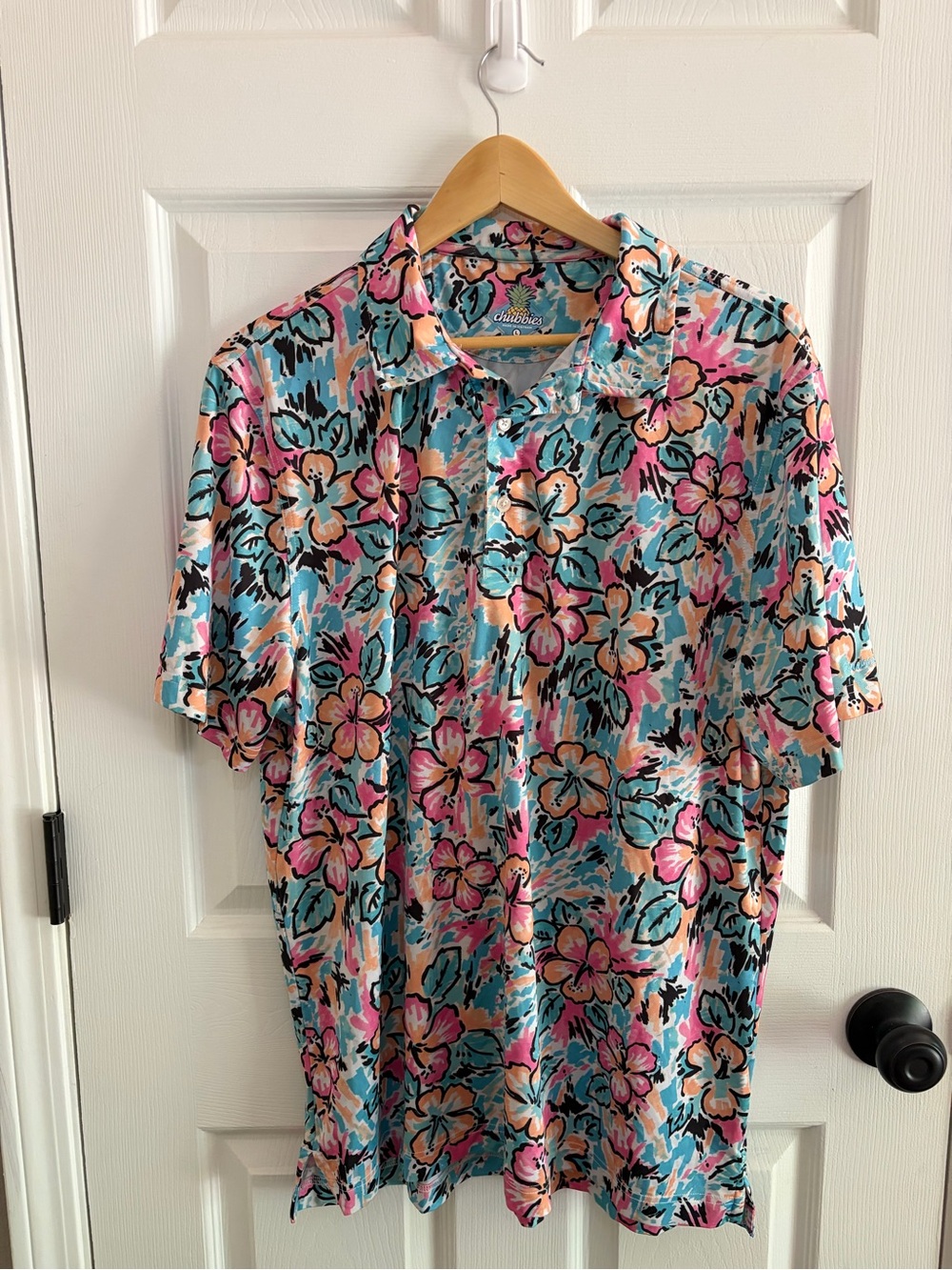Chubbies Men’s Performance Polo in Aqua and Pink Tropical Floral - Size L